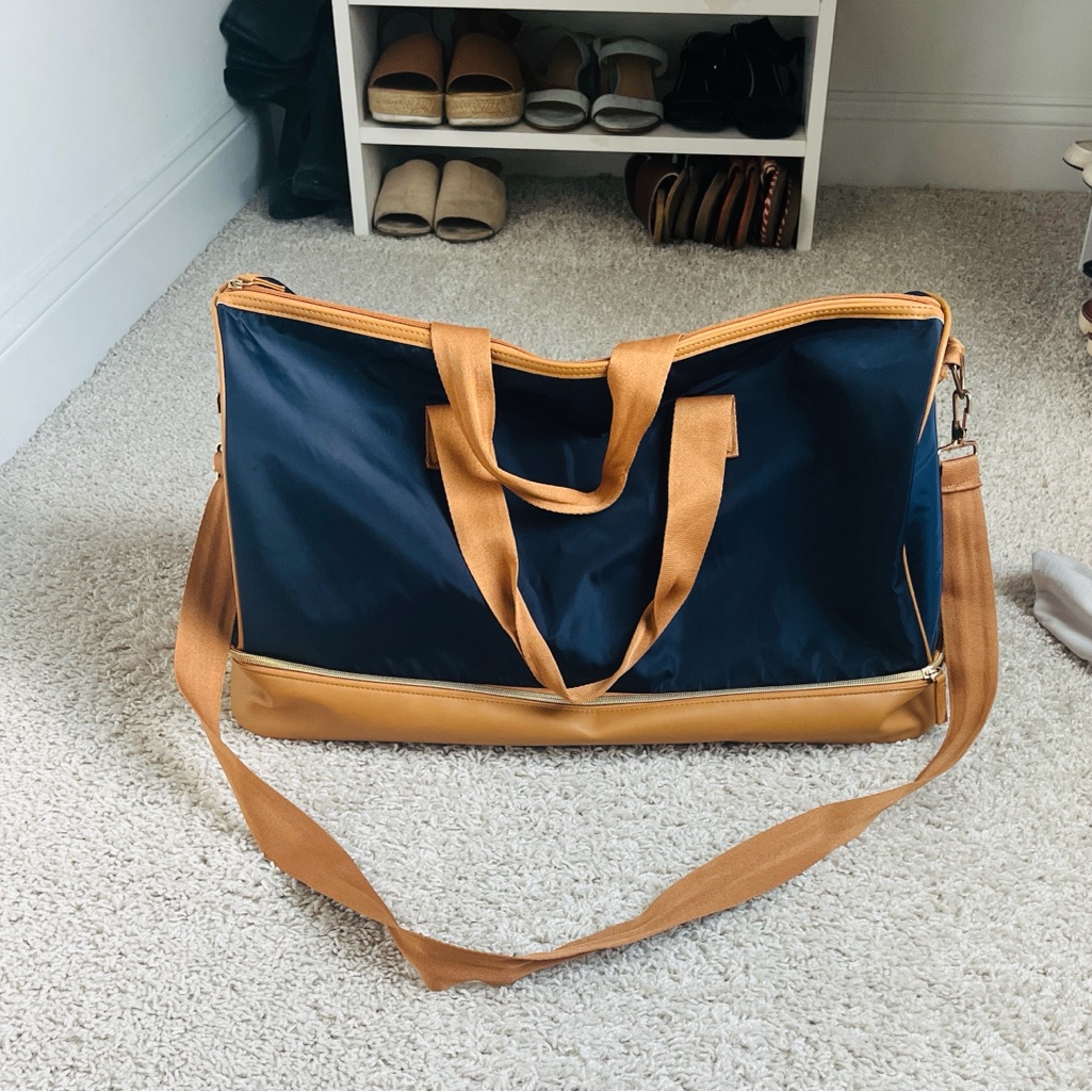 Stylish Navy And Tan Carry On Luggage With Bottom Storage